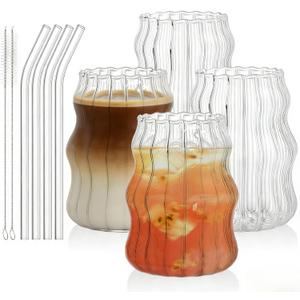 Tebery 4 Pack Cute Drinking Glasses, 16 Oz Ribbed Iced Coffee Cup Tumbler with Straws, Aesthetic Vintage Water Glassware Mug for Cocktail Smoothie Juice Beverage Milk Tea