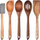 Wooden Spoons Kitchen Utensils Set for Cooking Baking, Natural Wood Slotted Spoon Solid Corner Spoon Turner Silicone Spatula Cooking Utensils Set Tools Large for Nonstick Cookware (5piece-Acacia-Set)