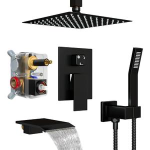Shower Faucet Set with Tub Spout, Ceiling Mount Shower System with 10 Inch Rain Showerhead and Tub Spout, High-Pressure Showerhead Combo Set Included Valve and Trim, Matte Black