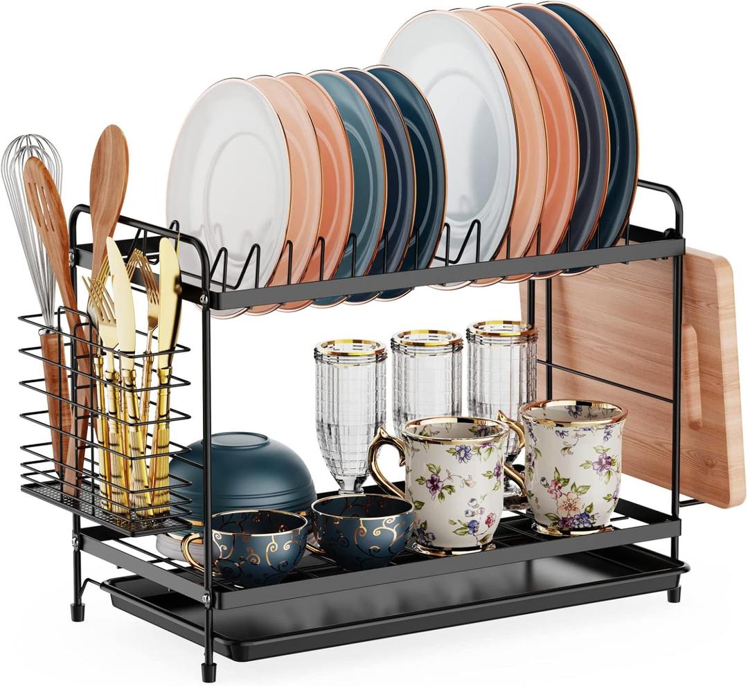 GSlife Dish Drying Rack for Kitchen 2 Tier Small Dish Rack with Drainboard Rust-Resistant Compact Dish Drainer with Utensil Holder Cutting Board Holder for Kitchen Counter, Black