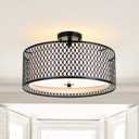 17" Semi Flush Mount Ceiling Light Fixture, Modern 3-Light E26 Double Drum Ceiling Lighting with Matte Black Iron Mesh Cage for Living Room Bedroom Hallway Entryway, Black