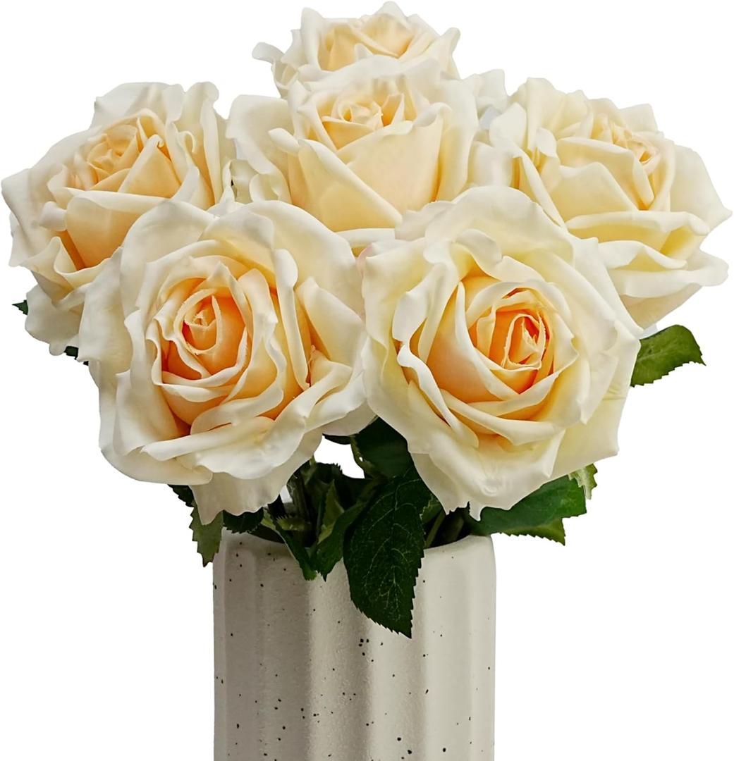 6 Pcs Silk Real Touch Latex Roses, Artificial Single Stem Big Bloom Faux Roses for Home Party Office Wedding Indoor Decor, Floral Arrangements, Table Centerpieces (Champagne)