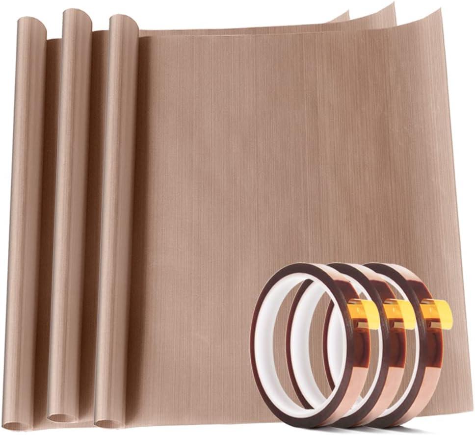 3 Pack PTFE Teflon Sheet 16 x 20" and 3 Rolls 10mm X 33m Heat Resistant Sublimation Tape for Heat Press Transfer Non Stick Paper Reusable Heat Resistant Craft Mat, Protects Iron, for Heat Press Machines