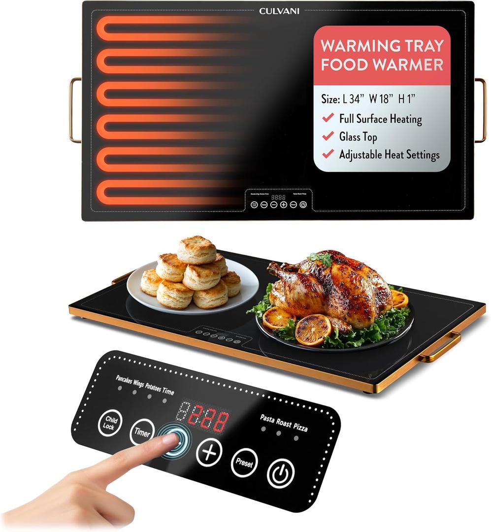 Electric Warming Tray for Food | 31.5"x17.5" Large Thermaplate Electric Food Warmer for Kitchen & Buffet | 1" Thin Countertop Hot Plate with Touch Controls, Adjustable Temp, Black/Gold Finish