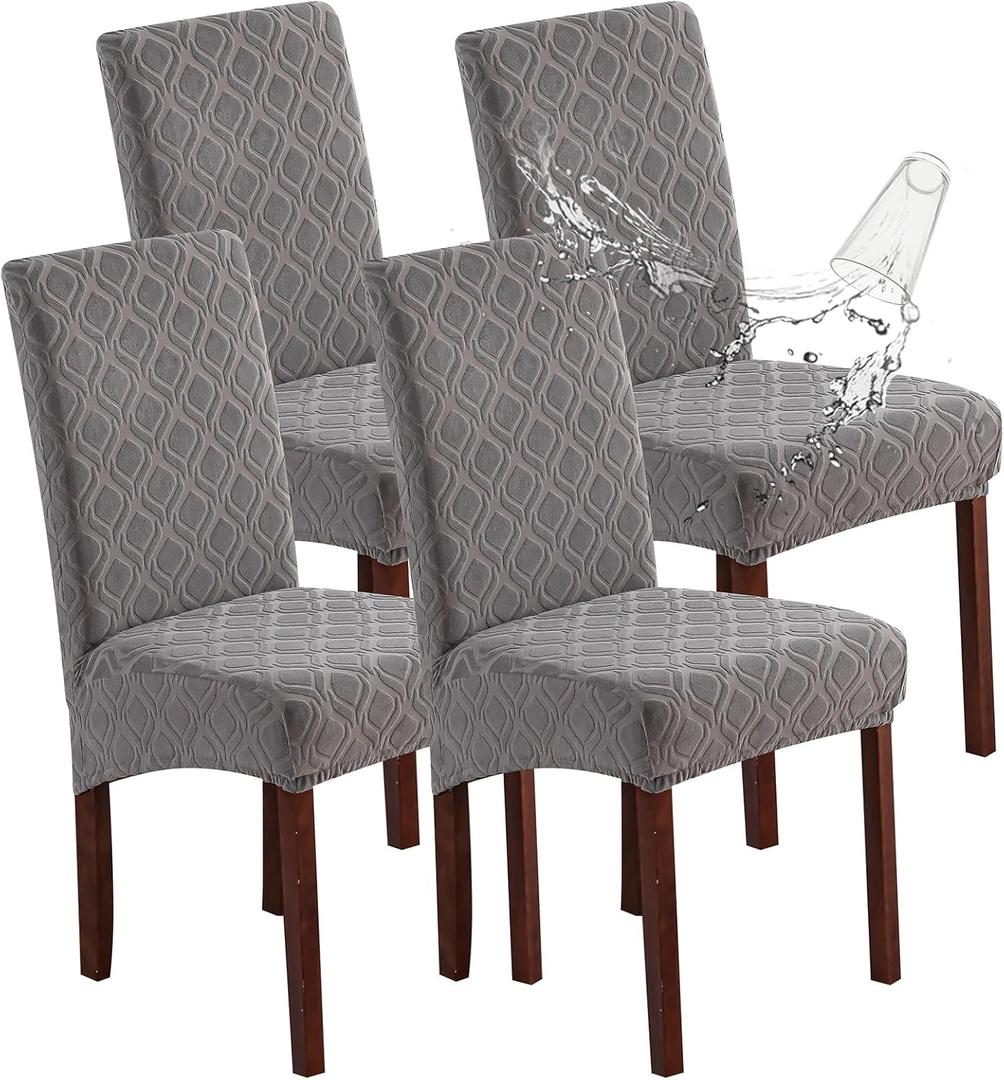 Genina Waterproof Chair Covers for Dining Room, Stretch Jacquard Dining Chair Slipcovers Removable Washable Chair Protector for Kitchen, Parsons (Jacquard-Light Gray, 4 PCS)