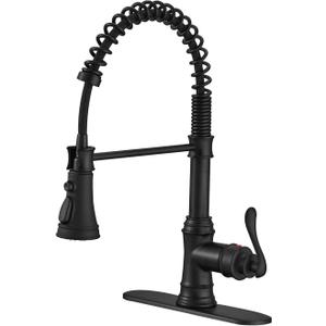 BWE Kitchen Sink Faucet with Deck Plate Single Handle Lever with Pull Down Sprayer Spring 3 Function Kitchen Faucet High Arc Farmhouse Commercial Bar Kitchen Faucets Matte Black