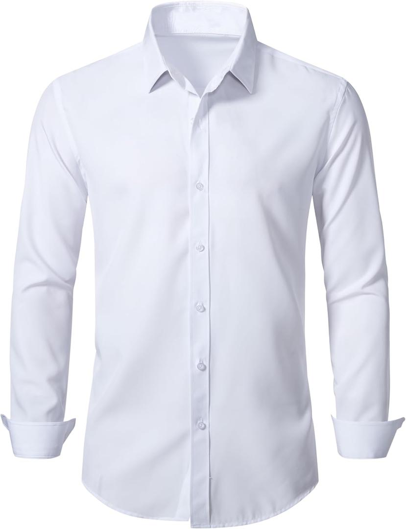 BEILU Stretch Mens Slim Fit Dress Shirts Formal Long Sleeve Button Down Shirts (Medium, White)