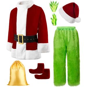 Semana Christmas Green Costume for Men 8 Pcs Furry Adult Santa Claus Costume Santa Suit (X-Large)