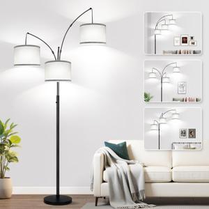 Dimmable Floor Lamp, 3 Lights Arc Floor Lamps for Living Room, Modern Tall Standing Tree Lamp with Gray Linen Shade & Heavy Base, Large Floor Lamp for Bedroom Office, 3x1000 LM LED Bulbs Included