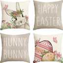 Happy Easter Hunny Bunny Grey Throw Pillow Covers, 18 x 18 Inch Easter Eggs Bunny Spring Cushion Case for Sofa Couch Set of 4