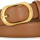 SANSTHS Women Belt for Jeans with Vintage Gold Oval Buckle, Thin Belt for Dresses Pants, Adjustable Waist Belt for Daily Fashion, Brown L