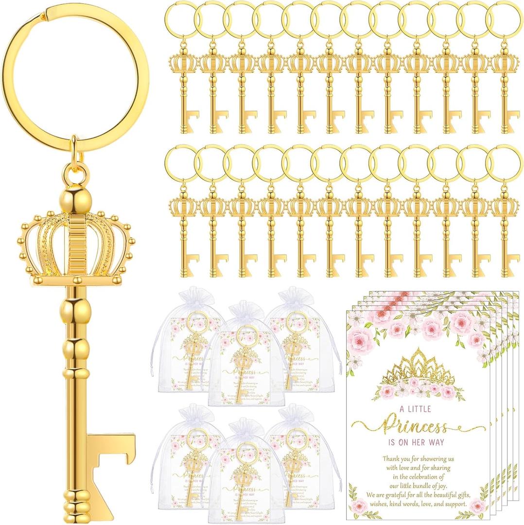50 Sets Baby Shower Bottle Opener Favors Included Bottle Opener Keychain Crown Charms Keychain Thank You Cards Organza Bags Baby Shower Return Gifts for Guests