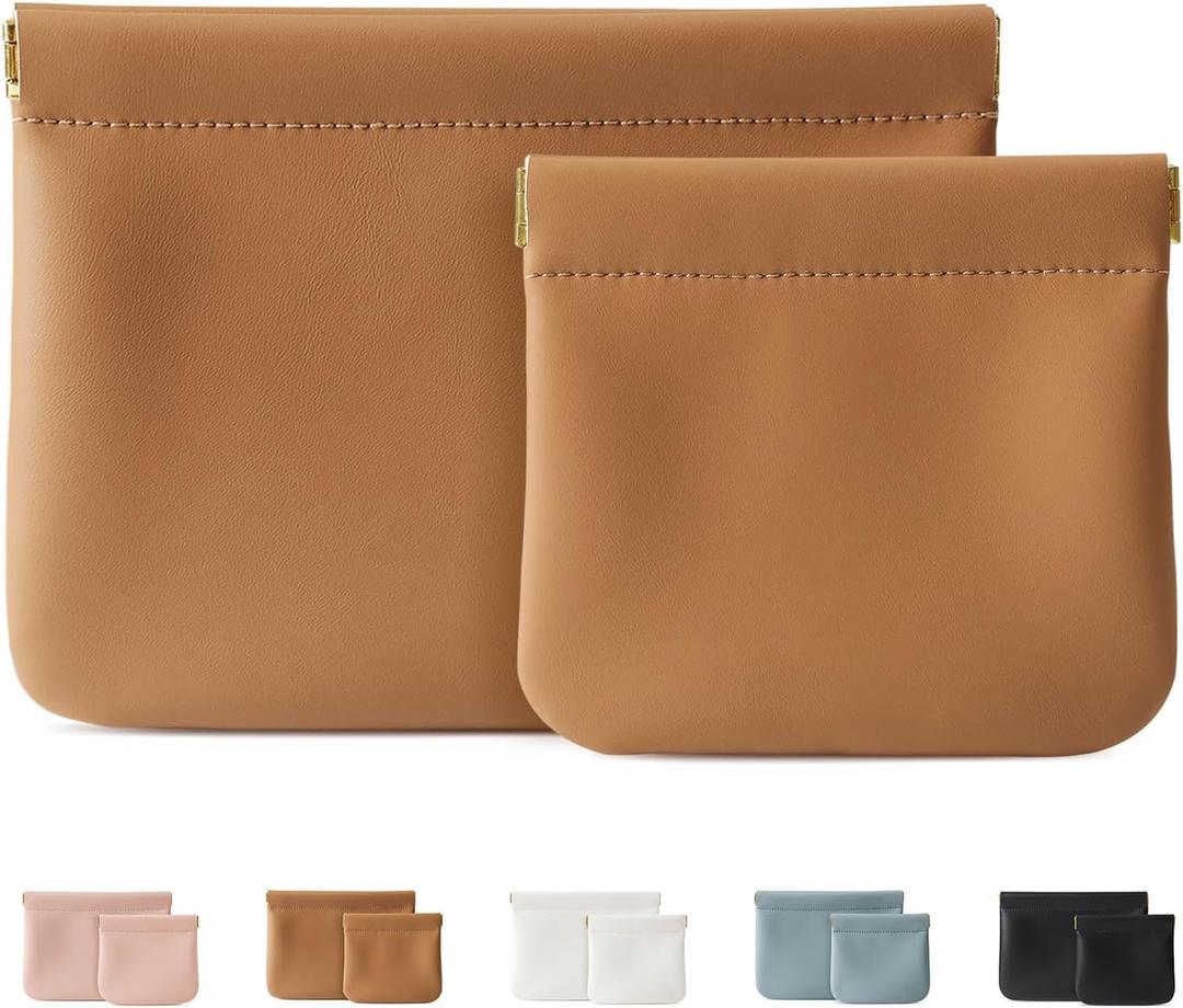 2 Pack Small Makeup Bag for Women, New Organosilicon Super Fiber PU Leather Mini Cosmetic Bag for Travel, Coin Purse Organizer Storage Pouch (Brown)