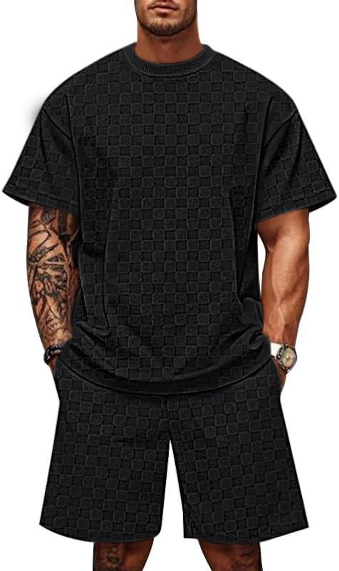 TAFLE Men's 2 Piece Set Summer Outfits Casual Geometric Texture Short Sleeve Shirt and Shorts Track Suits for Men Set (Large, Black)