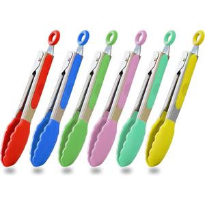 Small Tongs Set 7-Inch Mini Tongs with Silicone Tips, Set of 6 (Red Blue Green Pink Mint Yellow)