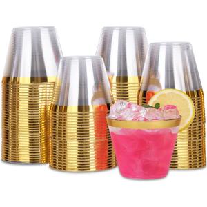 Tobvory 100 Pack Gold Rimmed Plastic Cups - 9 oz Hard Clear Plastic Cups, Premium Disposable Cup For Cocktail And Drinking - Food Grade Party Cups Set - Sturdy Tumbler Cup - Gold Rim