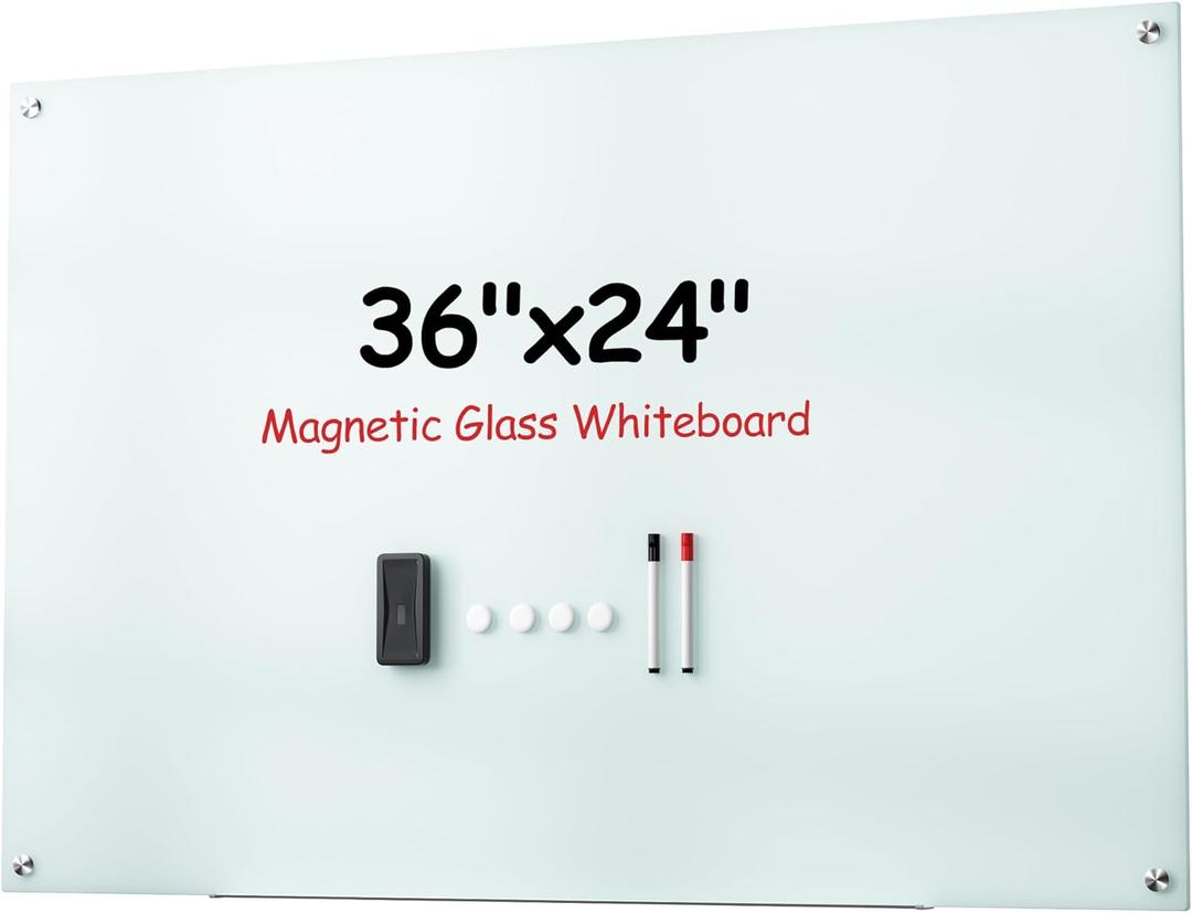 VUSIGN Glass Dry Erase Board for Wall, 36" x 24" Magnetic Dry Erase Board, Large Frameless Mounted White Board Dry Erase for Office, Home, School