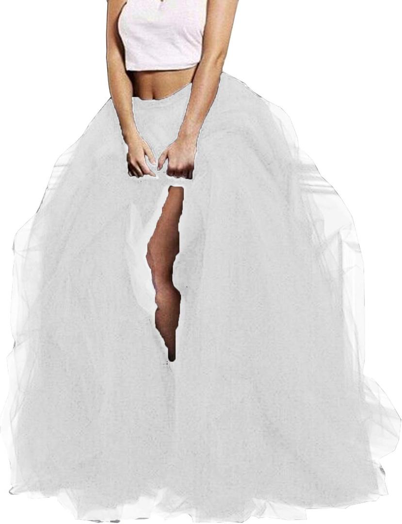 Lisong Women Maxi Tulle Floor Length Layered High Waist Spectial Occasion Skirt XL White