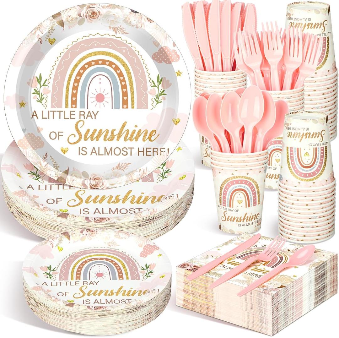 Dandat 350 Pcs Baby Shower Party Supplies Serves 50 Tableware Sets Include Plates Napkin Cup Forks Knives Spoons Disposable Dinnerware (Boho Style,Pink)
