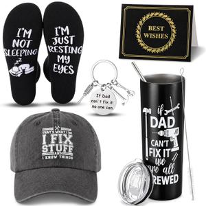 Sieral 5 Pcs Father's Day Birthday Gifts Dad Fix Gift Box Happy Birthday Gift Ideas Includes Cap, Tumbler, Keychain, Card and Sock Suitable for Father's Day, Christmas