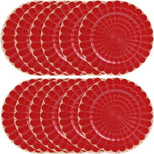 Omuriko Red Chargers Plates Set of 12, Plastic Decorative Charge Plates for Dinner, Table Setting, Holiday, Thanksgivng, Christmas