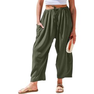 TARSE Womens Linen Wide Leg Pants Casual Loose Drawstring Summer Beach Travel Vacation Palazzo Harem Pants with Pockets M