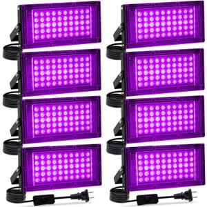 8 Pack 50W Black Light, LED Blacklight Flood Light with US Plug and Switch, Black Lights for Glow Party,Halloween,Body Painting,Birthday Party,Fluorescent Painting and Fluorescent Tapestry