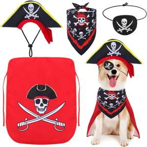 Huhumy 4 Pcs Dog Pirate Costume Set Dog Pirate Hat Pet Skull Triangle Bandana Puppy Cape and Eye Mask for Halloween Outfits Accessories(Red, Large)
