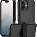 Heavy Duty Rugged Case for iPhone 16 (2024), 3-Layer Super Full Protection with Kickstand, Belt Clip Holster (Black with Clip)