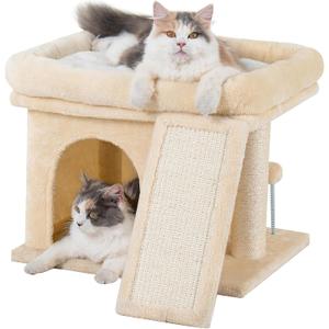 14in Cat Tree Tower with Large Perch, 20 * 16.5 Inch Top Bed for Adult Cats, Scratching Post with Bed for Kittens, Beige