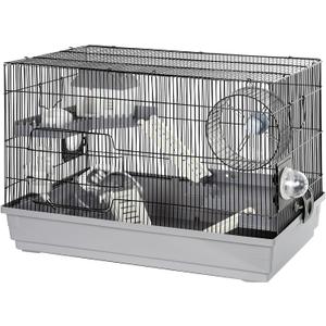 Hamster Cage Kit 22Lx12Wx15H with 2 Spacious Platforms, Exercise Wheel, Hide-House, Water Bottle, Bathtub, Ladders, Food Bowl, Black/Gray