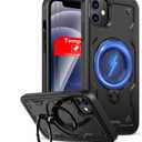for iPhone 12 Case Magnetic,for iPhone 12 Pro Case Magnetic Compatible with MagSafe Wireless Charger,with Stand Ring+ 2 Screen Protectors,Heavy Duty Protection Military Grade Shockproof Black