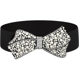 Elastic Pearl Belt Women Black Rhinestone Bow Tie Stretch Belts Sparkly Crystal Wide Waist Belts for Dress (L:Fit waist 34-46 inches)