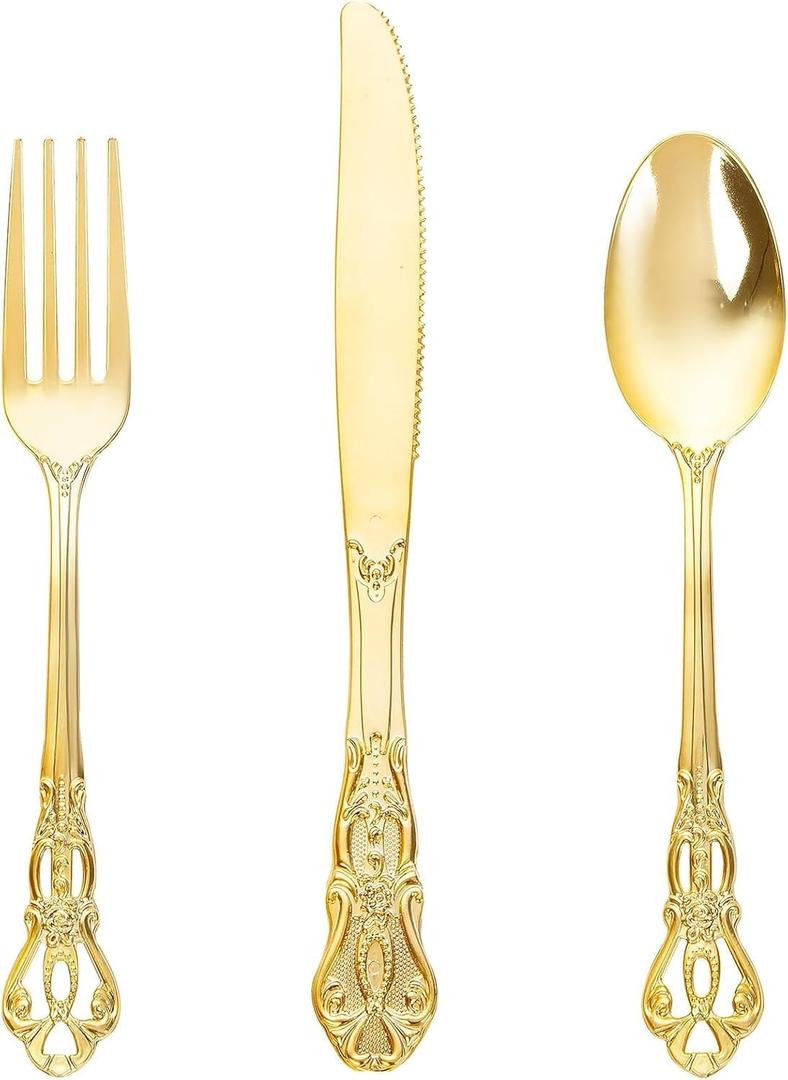 Joyido 90 Pieces Gold Plastic Silverware - Heavy Duty Gold Disposable Utensils - Fancy Plastic Cutlery Set Includes 30 Forks, 30 Spoons, 30 Knives for Dinner Parties Weddings