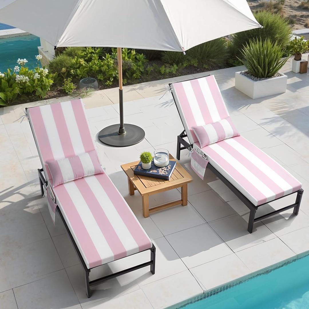 Outdoor Chaise Lounge Cushion Set of 2 with Head Pillow and Side Pockets, Water Repellent & Weather Resistant Patio Recliner Lounge Chair Cushions for Lawn, Pool & Beach (Pink Stripe, 72" x 21")