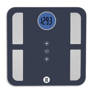 Weight Watchers Scales by Conair BathroomScale for BodyWeight,Glass Digital Scale,Body Analysis Measures Body Fat,Body Water,BMI,Bone Mass&Muscle for 4Users,Measures Weight up to 400Lbs in Black&Blue