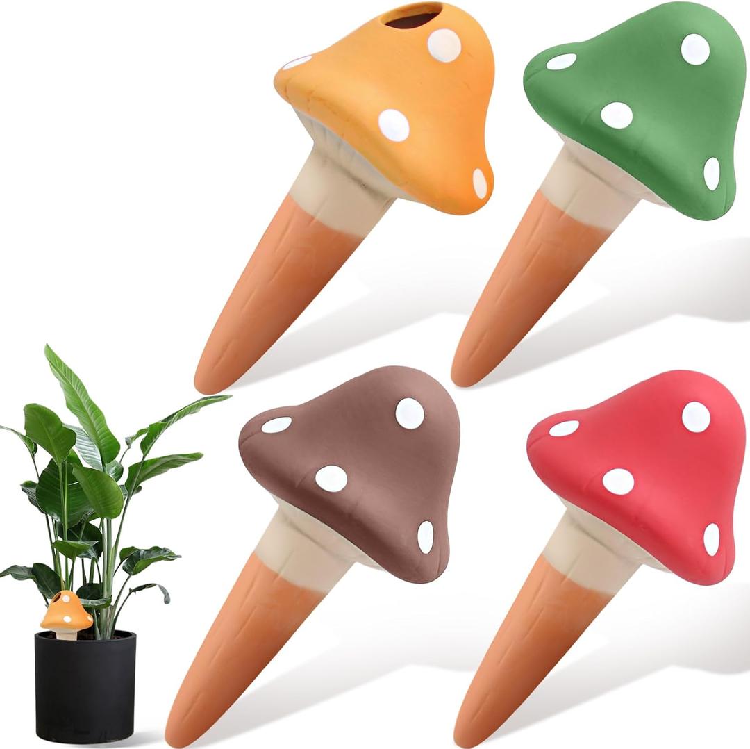 4PCS Terracotta Self Watering Spikes, Mushroom Shaped Self Watering Globes, Slow Release Self Watering Planter Insert, Plant Watering Globes for Indoor and Outdoor Plants 