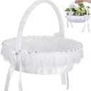 STOBAZA White Flower Girl Basket for Wedding, Lace Handle Bowknot Fairy Petal Basket for Girls and Kids, Wedding Decoration and Party Supplies