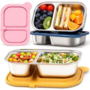 Cmonie 2-Compartment 14.5oz Stainless Steel Snack Containers, Reusable Snack Containers with Silicone Lids Food Storage Bento Box for Snacks, Fruits (3Pack-Yellow&Pink&Blue)