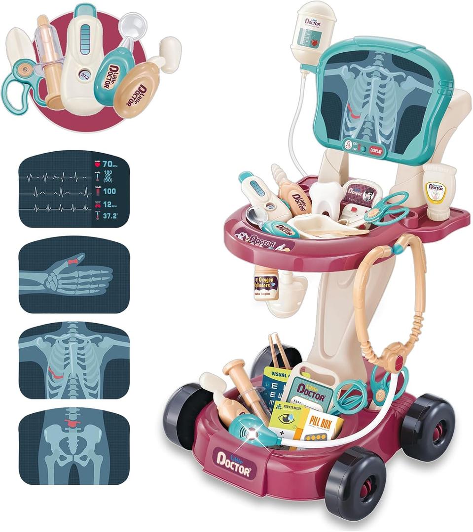 29 Pcs Doctor Kit for Toddlers 3-5 Pretend Play Toys Dentist Set Vet Medical Mobile Cart with Sound & Light Xray Stethoscope Toddler Doctor Play Set 2 3 4 5 Year Old Girls Gift Christmas