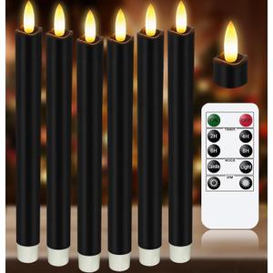 Upgraded Real Wax LED Flameless Black Taper Candles with Remote, KSWING 6 PCS Candlesticks Battery Operated 3D Flickering - 9.6" Long Realistic Fake Candle Sticks for Home/Wedding/Fireplace Xmas Decor