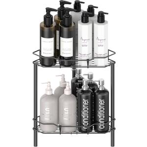HuggieGems 2 Tier Floor Standing Corner Shower Caddy Organizer Shelf with Hooks, Bathroom Shelves Stand Rack, Matt Black