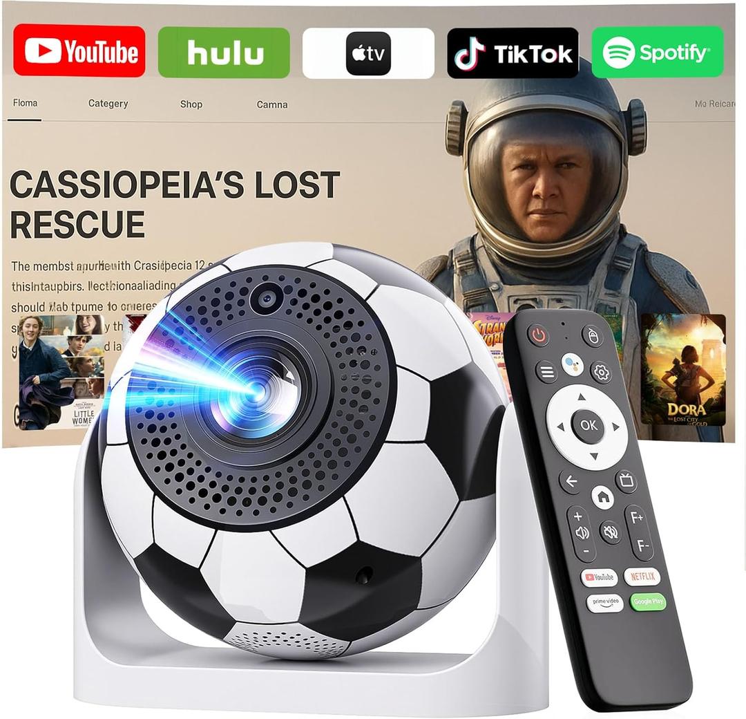 Mini Projector with WiFi and Bluetooth Auto Focus & Vertical Keystone Smart Portable Projector Android 13 with Built in Apps 1080P HD 4K Support w/ HDMI/USB Supported Home Movie Projector (Football)