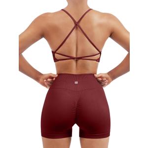 SUUKSESS Women Seamless Workout Sets Strappy Sports Bra High Waist Booty Shorts Outfits (2-4, #1 Wine Red)
