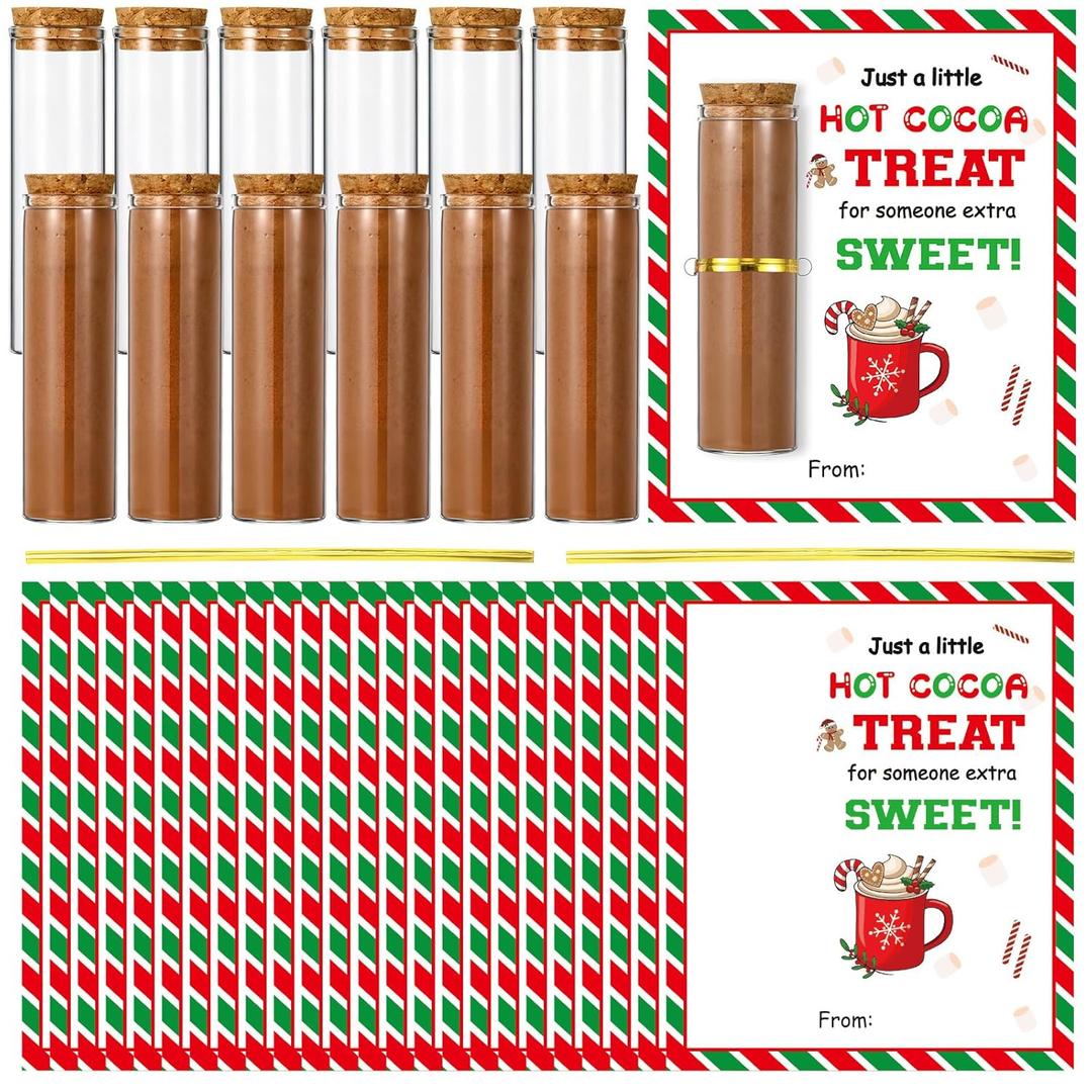 Vesici 24 Set Christmas Hot Chocolate Favors Glass Test Tube with Cork for Guest 50 ml Chocolate Glass Tubes with Card & Rope & Cork Stopper for Christmas Party Holiday Plants Bath Salts Party Decor