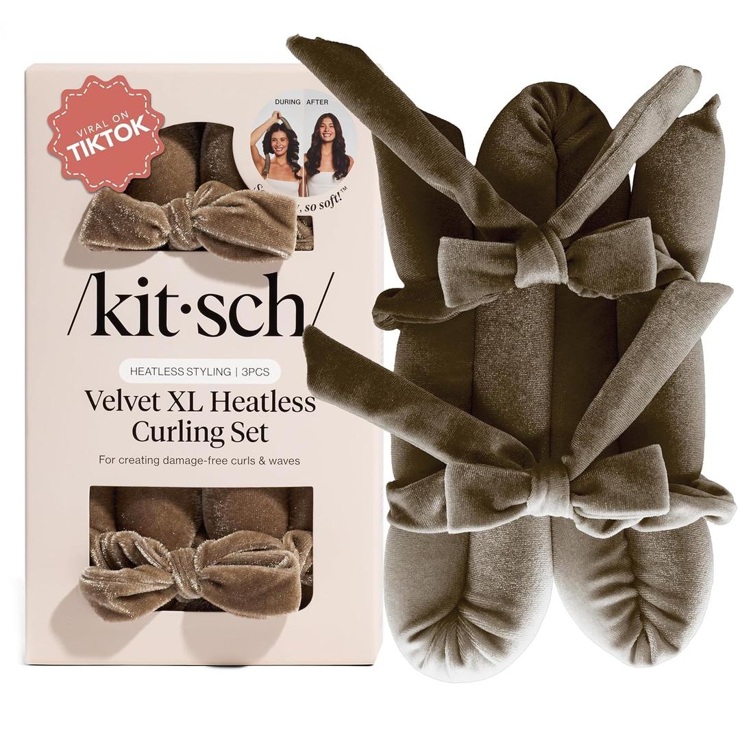 Kitsch Velvet XL Heatless Curling Set - Heatless Curls Overnight - Comfortable No Heat Hair Curlers With Two Velvet Bow Scrunchies to Sleep In for Frizz-Free & Non-Damage Styling - Eucalyptus