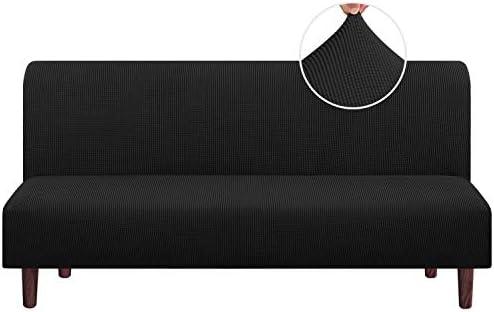 PrinceDeco Stretch Armless Futon Cover Futon Slipcover Full Queen Size Futon Couch Sofa Cover Bed Cover Furniture Protector with Elastic Bottom, Checked Pattern Jacquard, Black