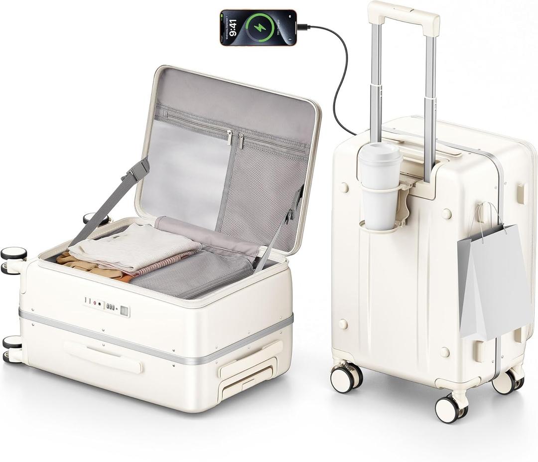 20IN Carry On Luggage,Top Opening Aluminum Frame Hardside 100% PC Airline Approved Suitcase -with TSA Lock,Cup Holder,USB Charge,Side Pothook, 360Spinner Wheels-Milky White