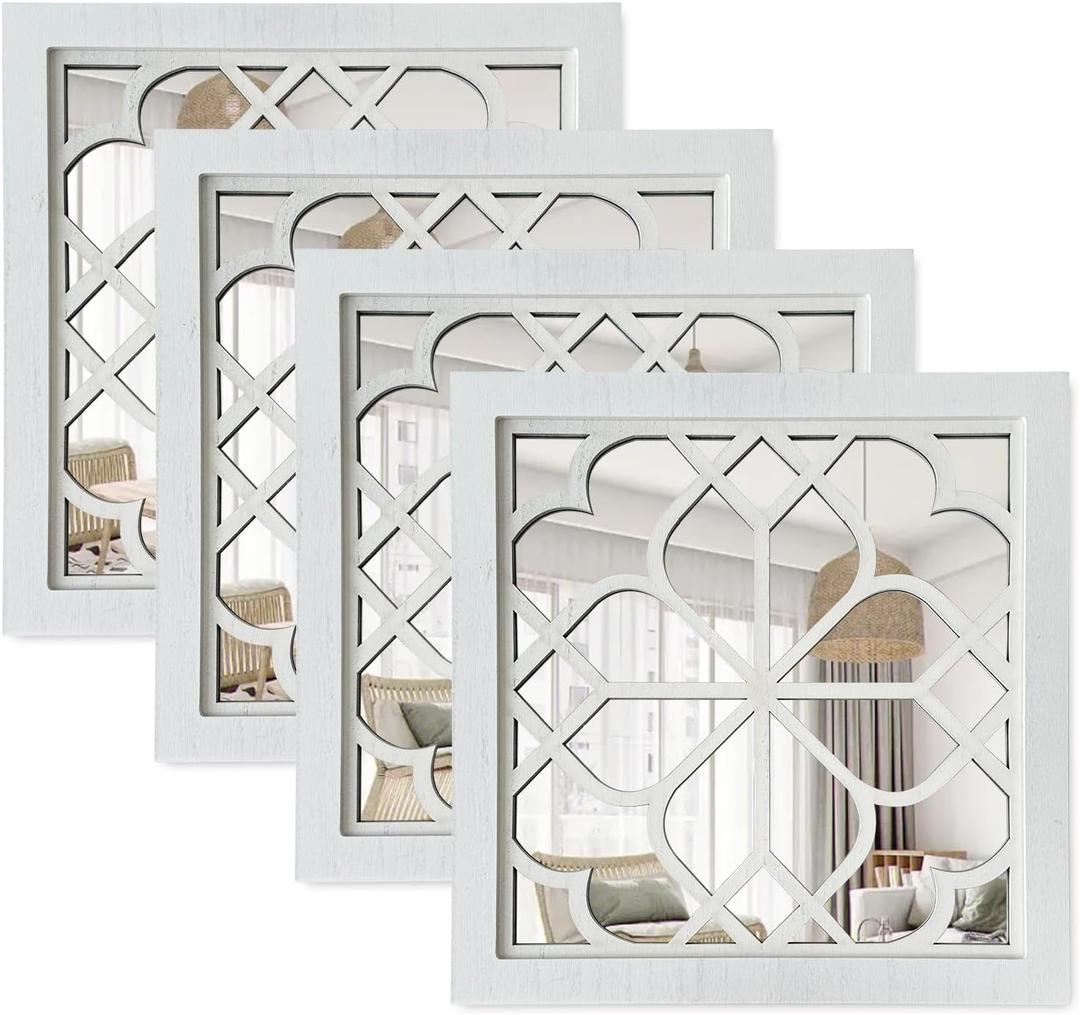ZEXUIRU Set of 4 Wooden Rustic Square Wall Mirror Vintage Style Decorative Entry Mirror Farmhouse Wall Decoration for Living Room Bedroom Bathroom Kitchen 11.8 * 11.8inch White