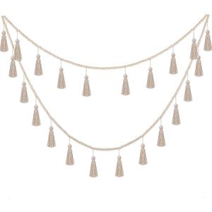 Janinka Boho Macrame Tassel Garland Classroom Decor Wooden Bead Garlands 9.8ft Wood Beads Banner with Tassels Boho Wall Hanging Banner Farmhouse Homerustic Country Holiday Decoration(Classic Color)